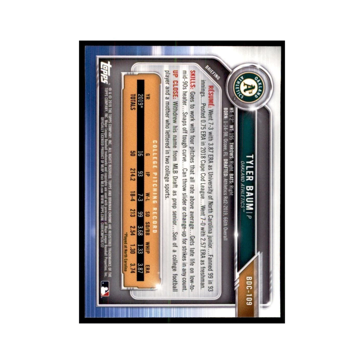 Tyler Baum 2019 Bowman Draft Chrome #BDC-109 Oakland Athletics Baseball Card NM