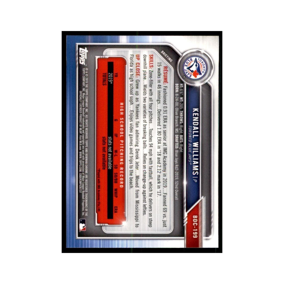 Kendall Williams 2019 Bowman Draft Chrome #BDC-199 Toronto Blue Jays NM