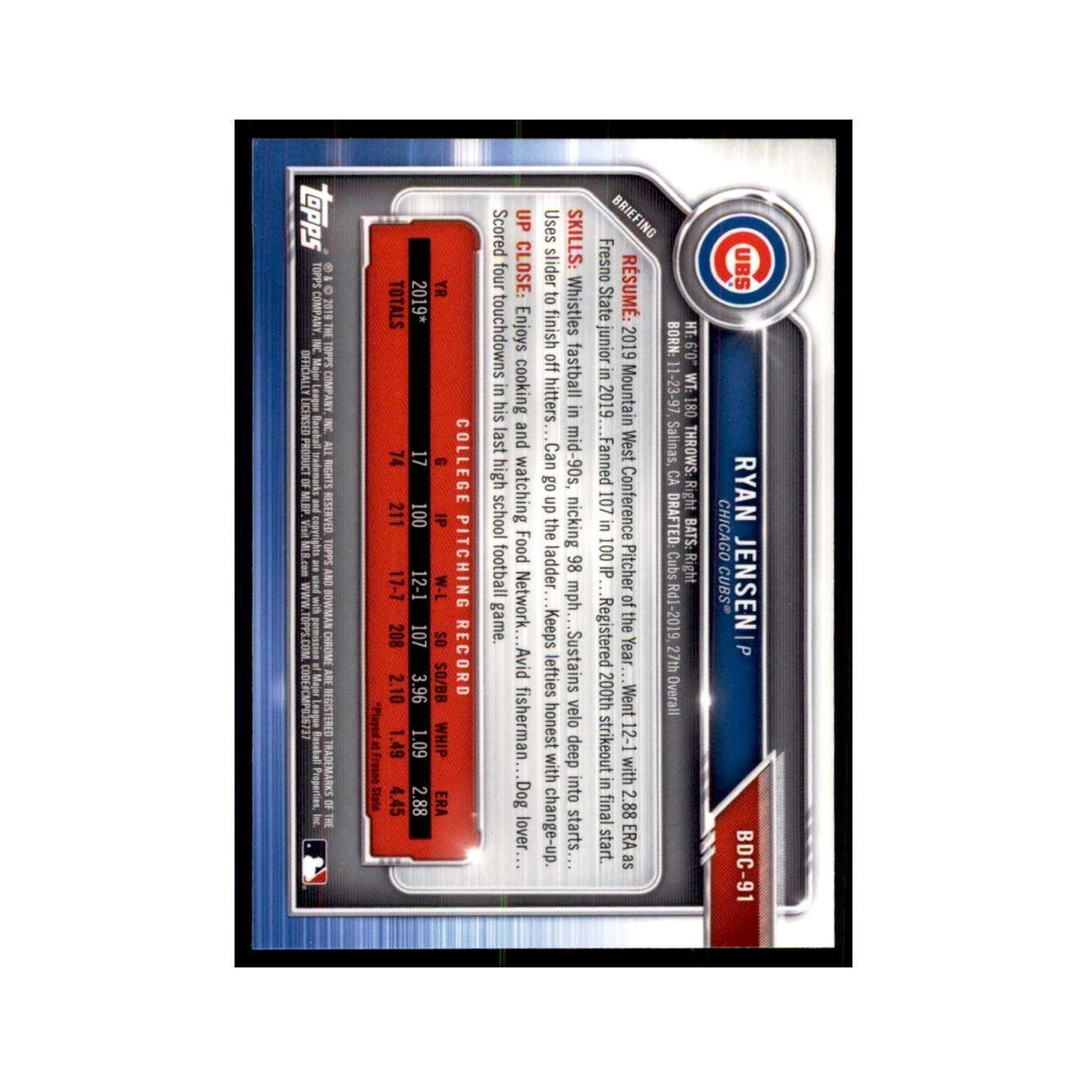 Ryan Jensen 2019 Bowman Draft Chrome #BDC-91 Chicago Cubs Baseball Card NM
