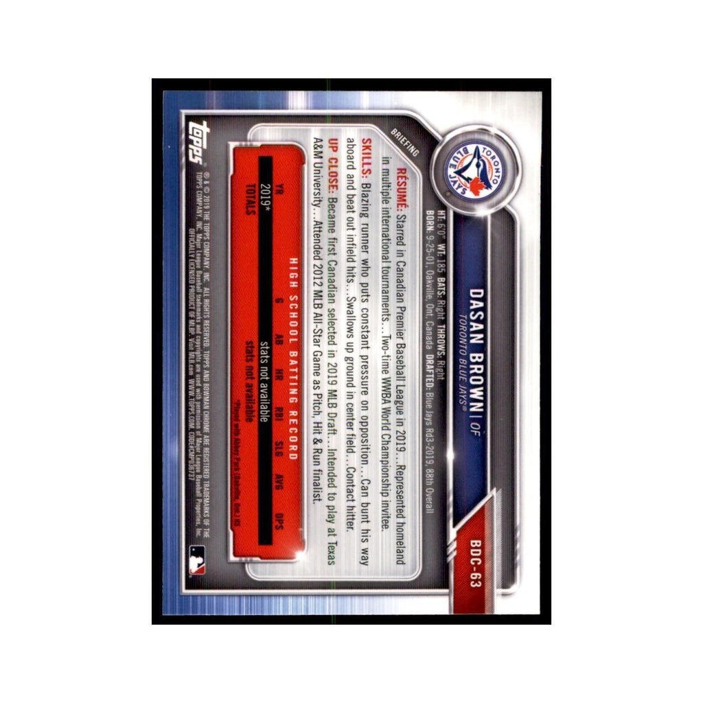 Dasan Brown 2019 Bowman Draft Chrome #BDC-63 Toronto Blue Jays Baseball Card NM