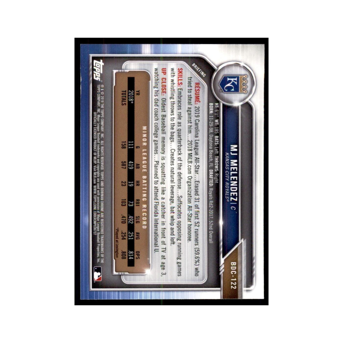MJ Melendez 2019 Bowman Draft Chrome #BDC-122 Kansas City Royals NM