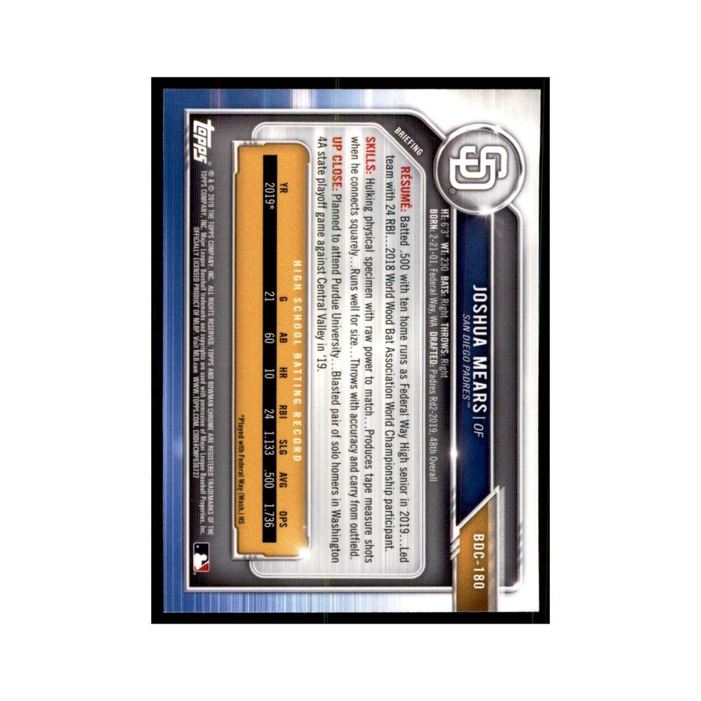 Joshua Mears 2019 Bowman Draft Chrome #BDC-180 San Diego Padres Baseball Card NM
