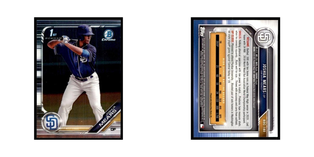 Joshua Mears 2019 Bowman Draft Chrome #BDC-180 San Diego Padres Baseball Card NM
