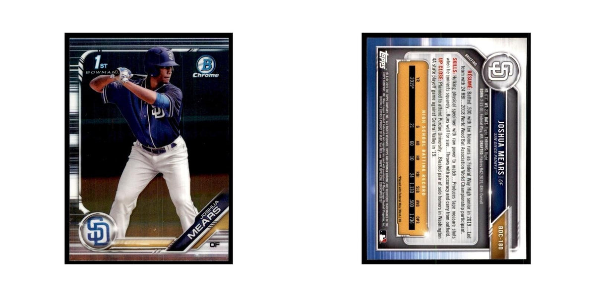 Joshua Mears 2019 Bowman Draft Chrome #BDC-180 San Diego Padres Baseball Card NM