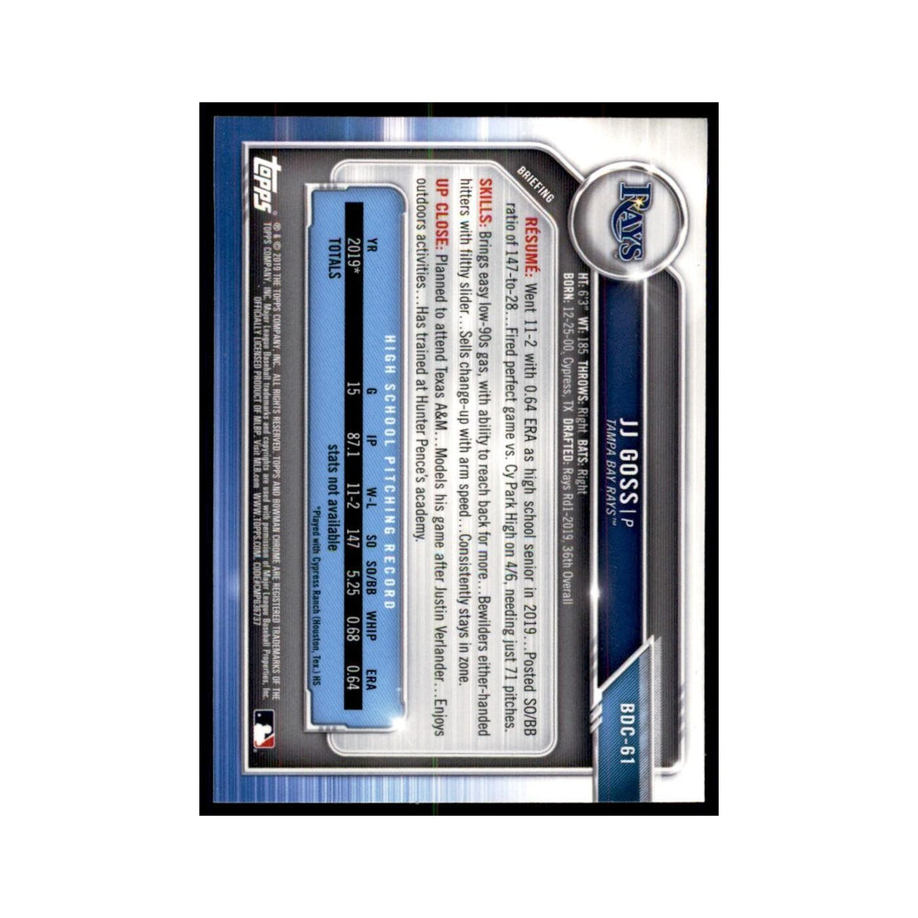 JJ Goss 2019 Bowman Draft Chrome #BDC-61 Tampa Bay Rays Baseball Card NM