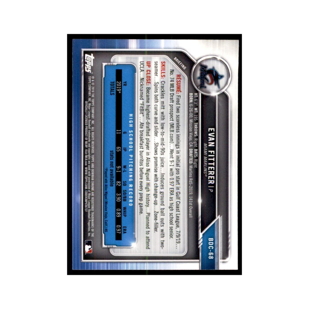 Evan Fitterer 2019 Bowman Draft Chrome #BDC-68 Miami Marlins Baseball Card NM