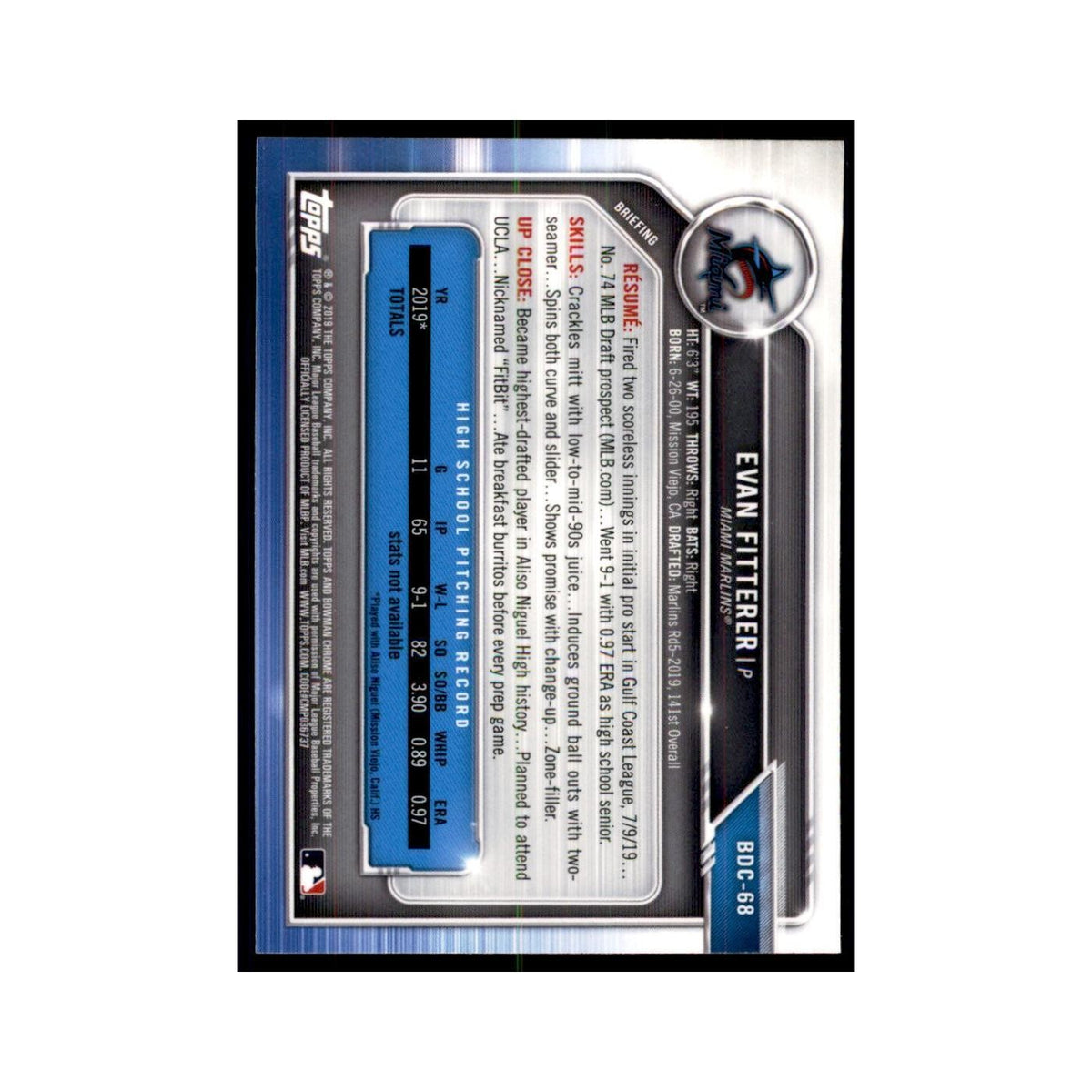 Evan Fitterer 2019 Bowman Draft Chrome #BDC-68 Miami Marlins Baseball Card NM