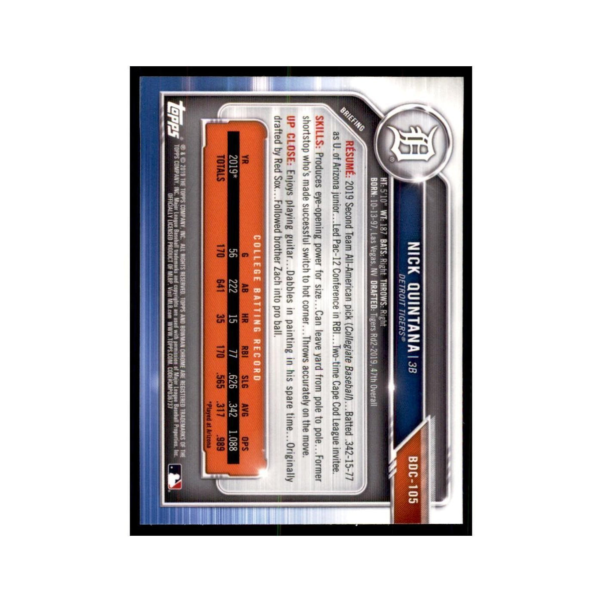 Nick Quintana 2019 Bowman Draft Chrome #BDC-105 Detroit Tigers Baseball Card NM