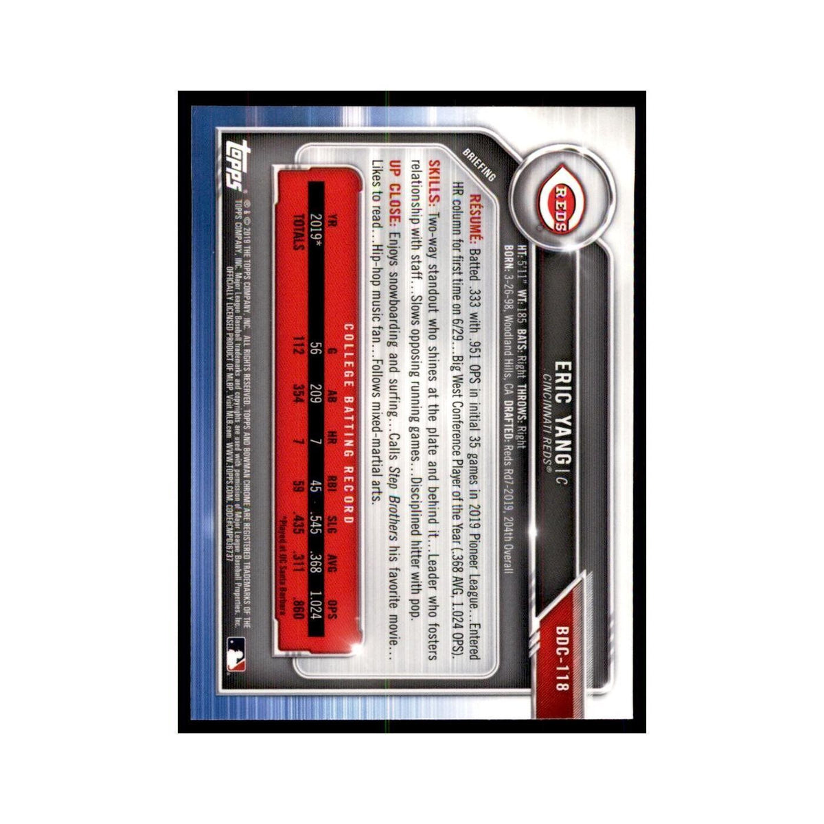 Eric Yang 2019 Bowman Draft Chrome #BDC-118 Cincinnati Reds Baseball Card NM