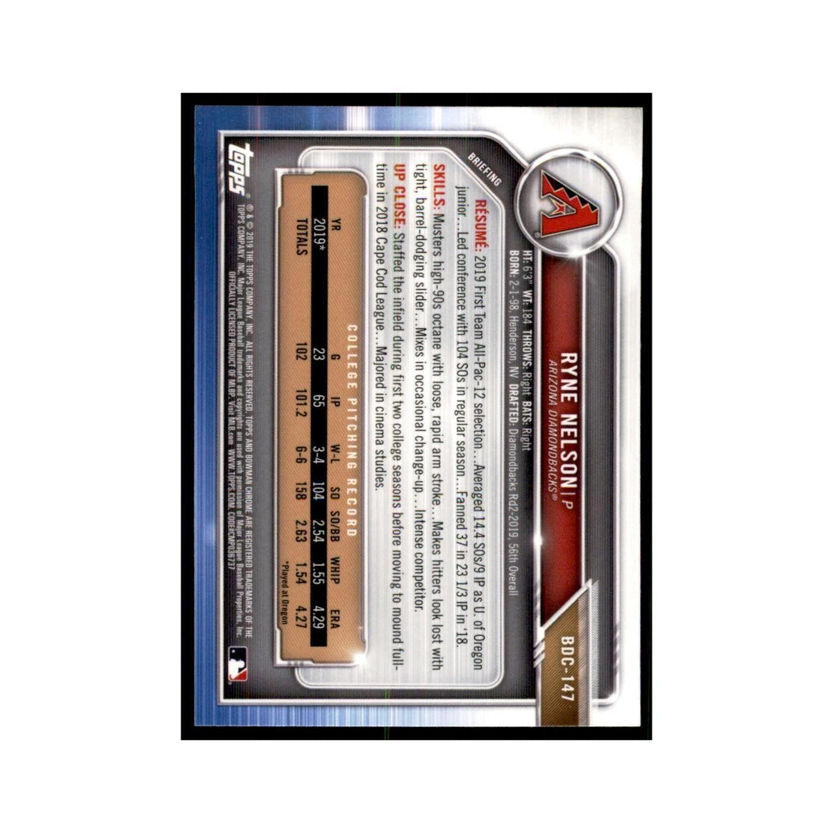 Ryne Nelson 2019 Bowman Draft Chrome #BDC-147 Arizona Diamondbacks NM