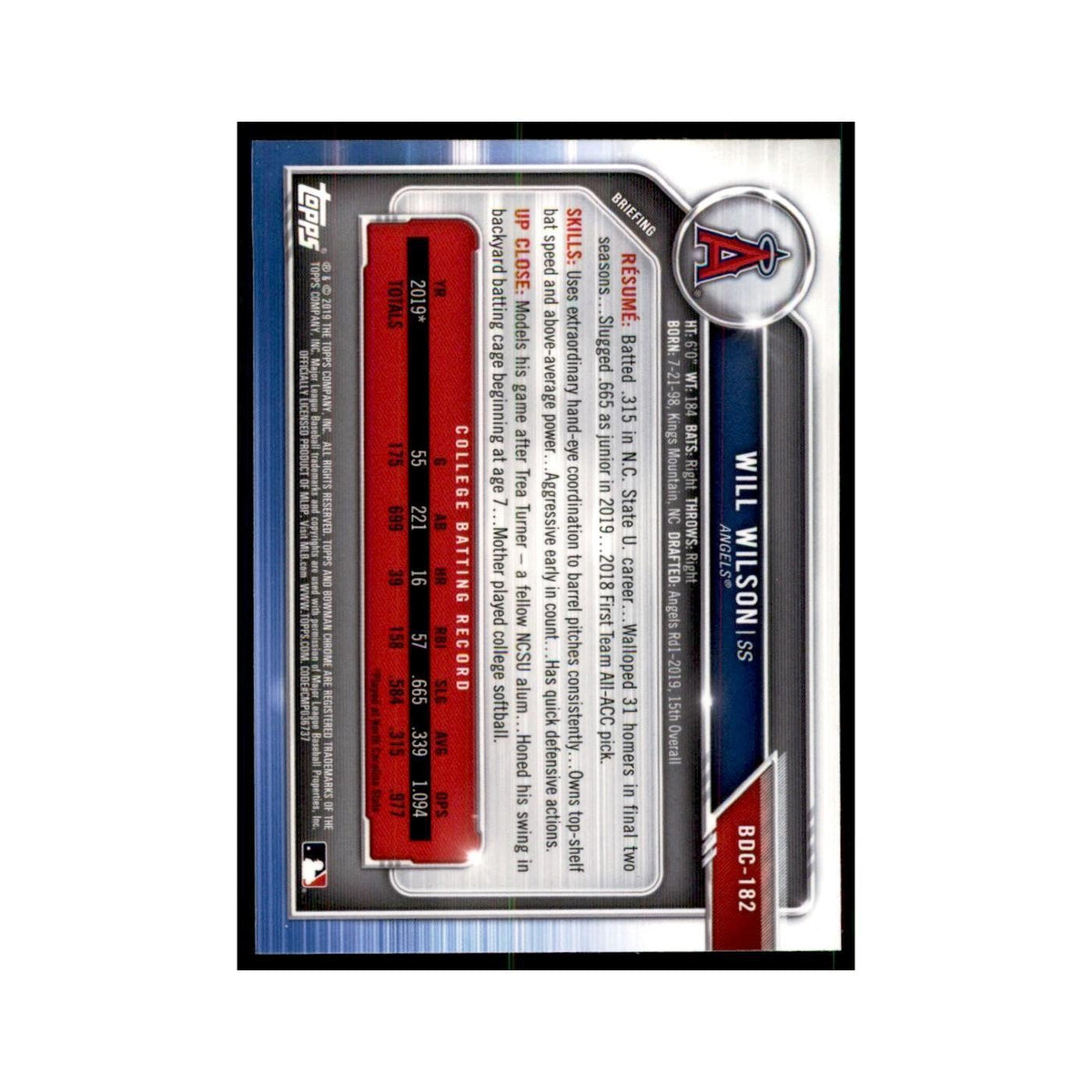 Will Wilson 2019 Bowman Draft Chrome #BDC-182 Los Angeles Angels NM