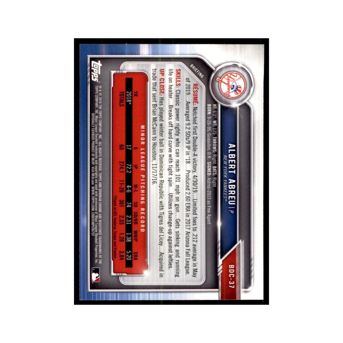 Albert Abreu 2019 Bowman Draft Chrome #BDC-37 New York Yankees Baseball Card NM