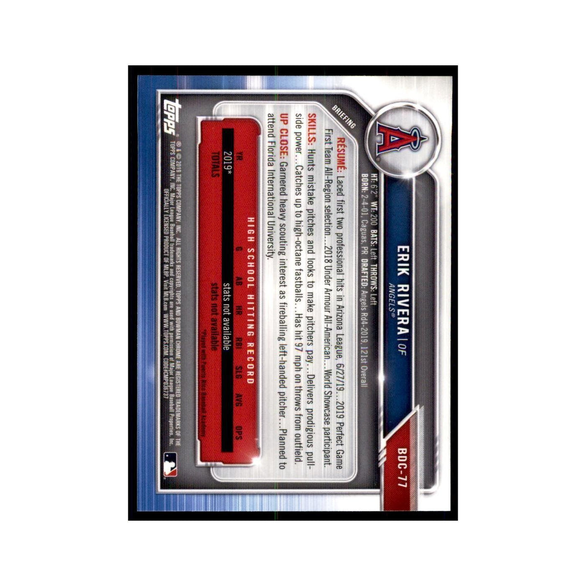 Erik Rivera 2019 Bowman Draft Chrome #BDC-77 Los Angeles Angels Baseball Card NM