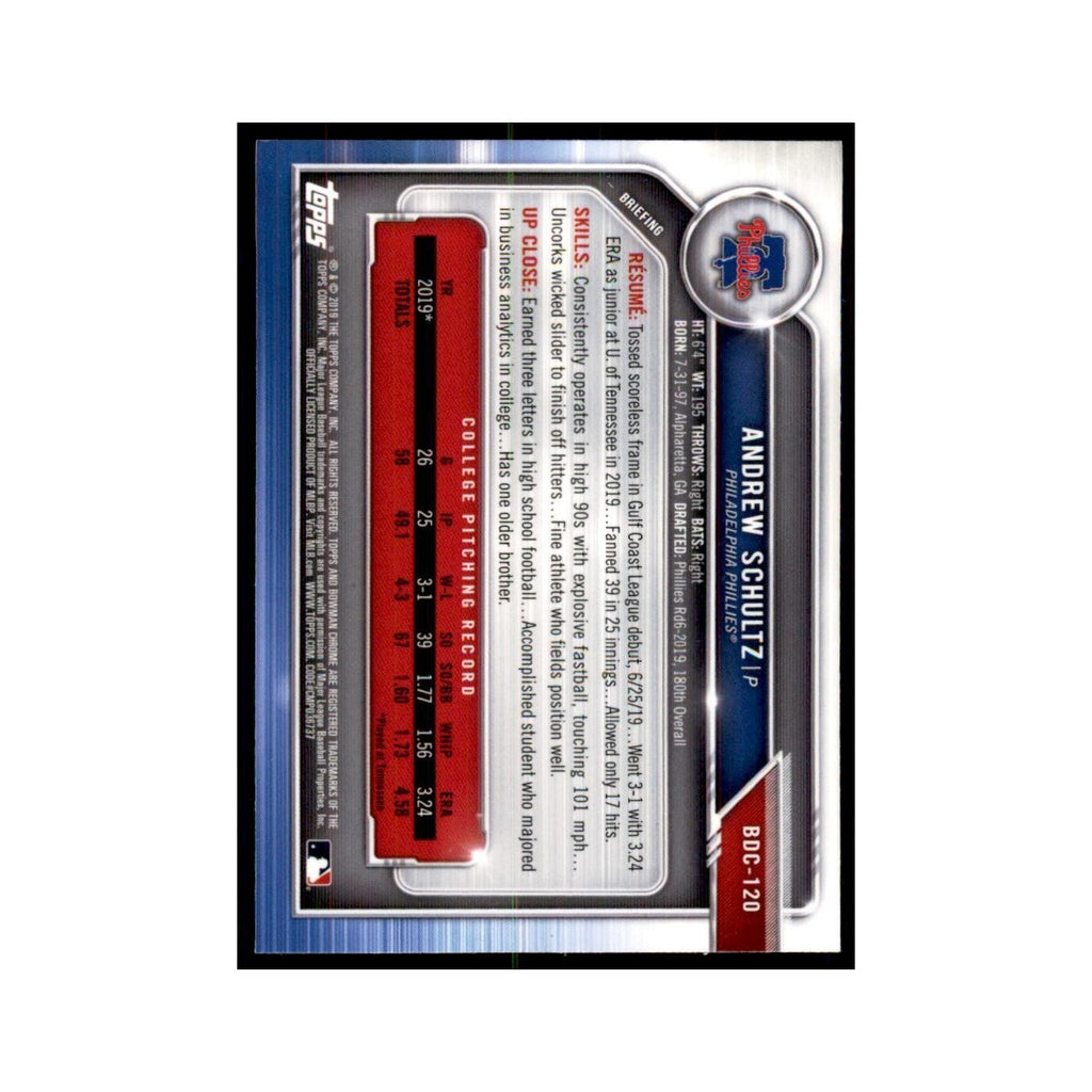 Andrew Schultz 2019 Bowman Draft Chrome #BDC-120 Philadelphia Phillies NM