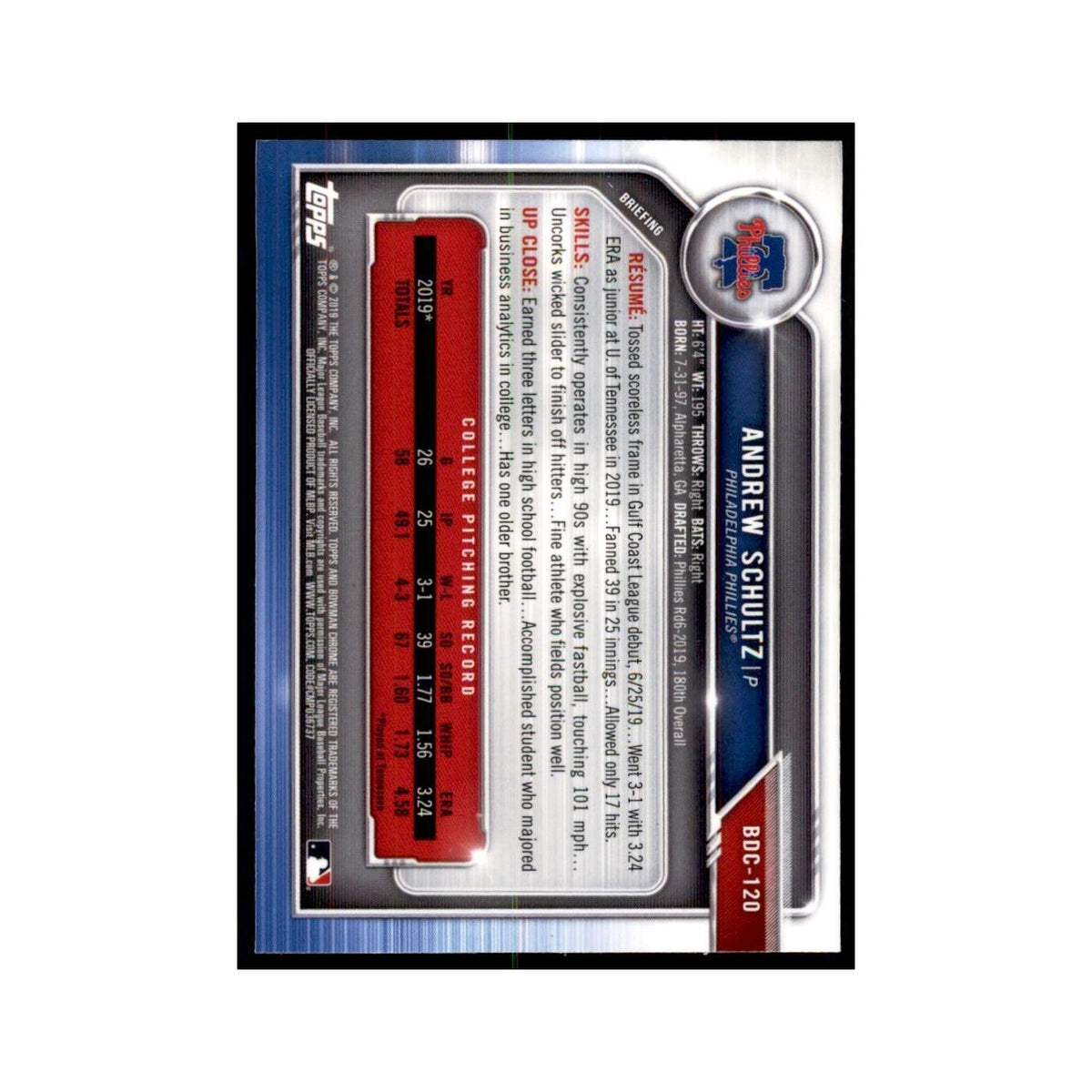 Andrew Schultz 2019 Bowman Draft Chrome #BDC-120 Philadelphia Phillies NM
