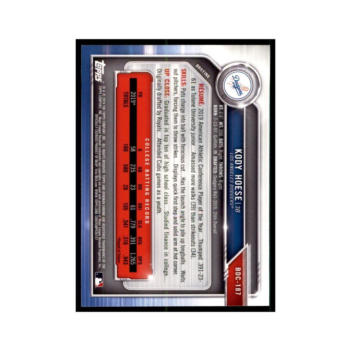Kody Hoese 2019 Bowman Draft Chrome #BDC-187 Los Angeles Dodgers NM