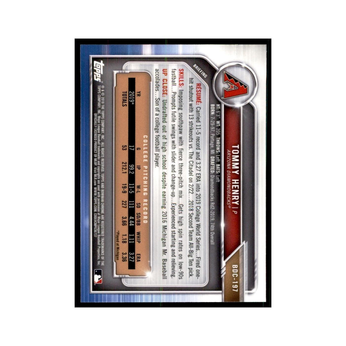 Tommy Henry 2019 Bowman Draft Chrome #BDC-197 Arizona Diamondbacks NM