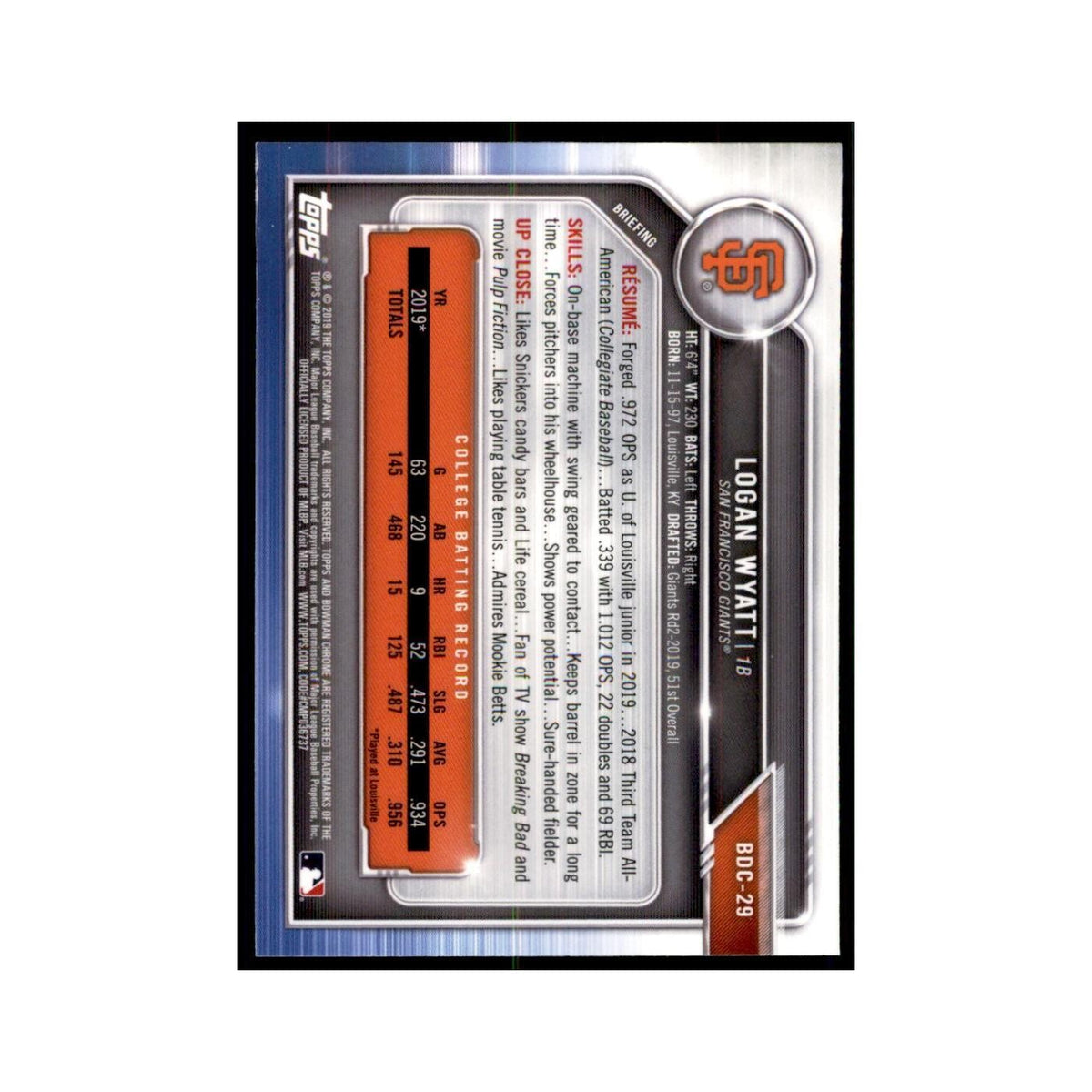 Logan Wyatt 2019 Bowman Draft Chrome #BDC-29 San Francisco Giants NM