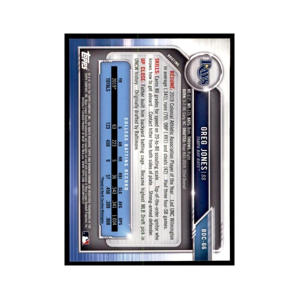 Greg Jones 2019 Bowman Draft Chrome #BDC-66 Tampa Bay Rays Baseball Card NM