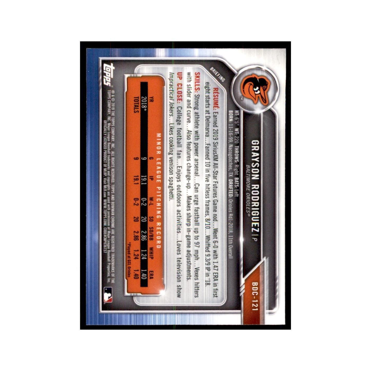 Grayson Rodriguez 2019 Bowman Draft Chrome #BDC-121 Baltimore Orioles NM