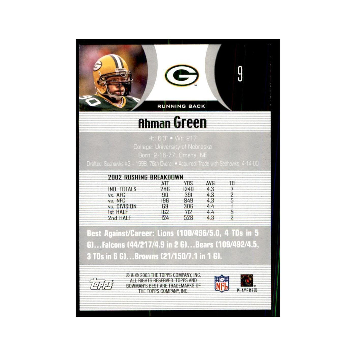Ahman Green 2003 Bowman's Best #9 Football Cards Football Card NM