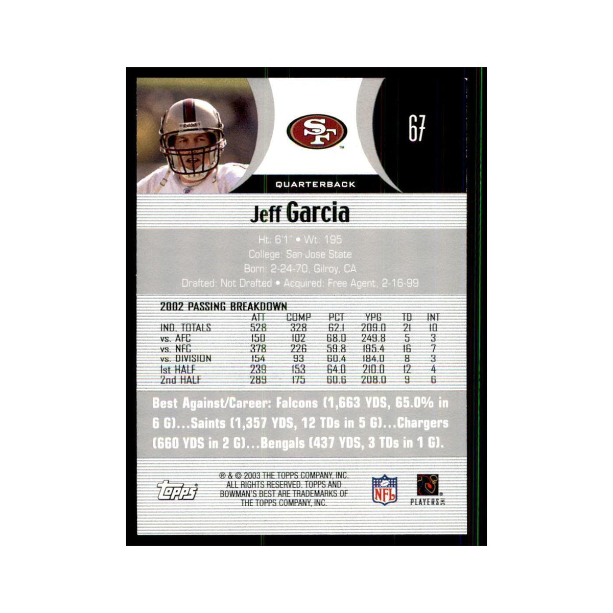 Jeff Garcia 2003 Bowman's Best #67 Football Cards Football Card NM