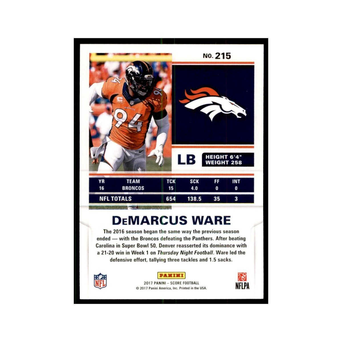 DeMarcus Ware 2017 Score #215 Denver Broncos Football Card NM