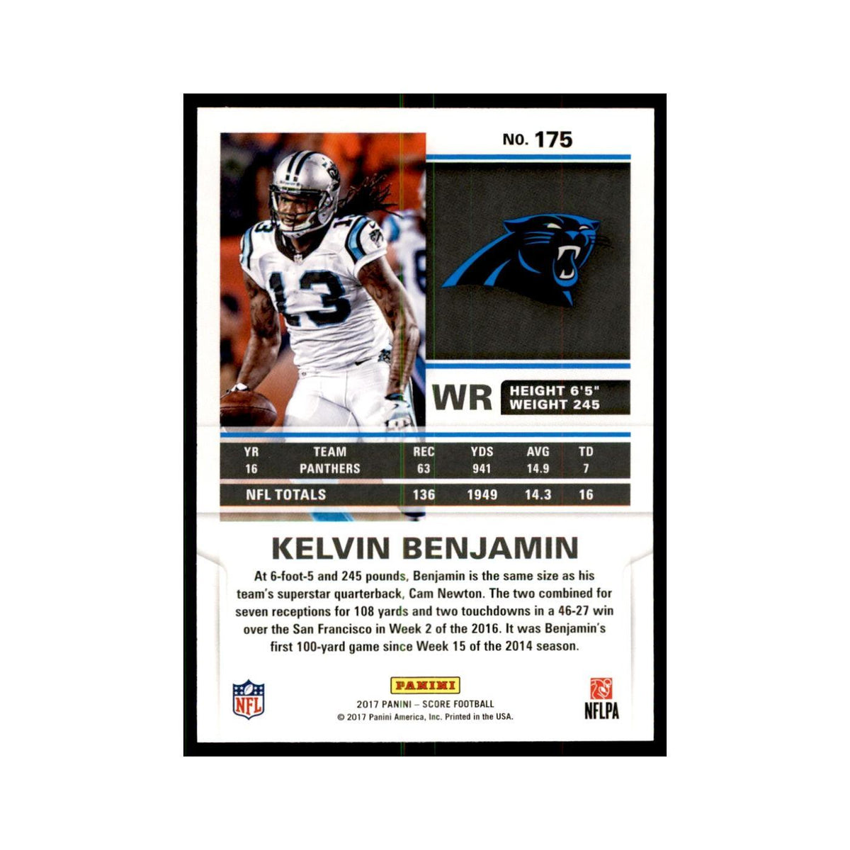 Kelvin Benjamin 2017 Score #175 Carolina Panthers Football Card NM