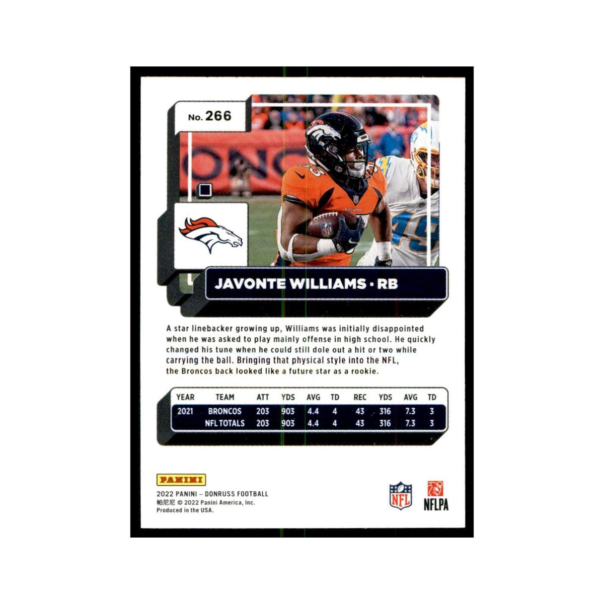 Javonte Willians 2022 Donruss #266 Denver Broncos Football Card NM