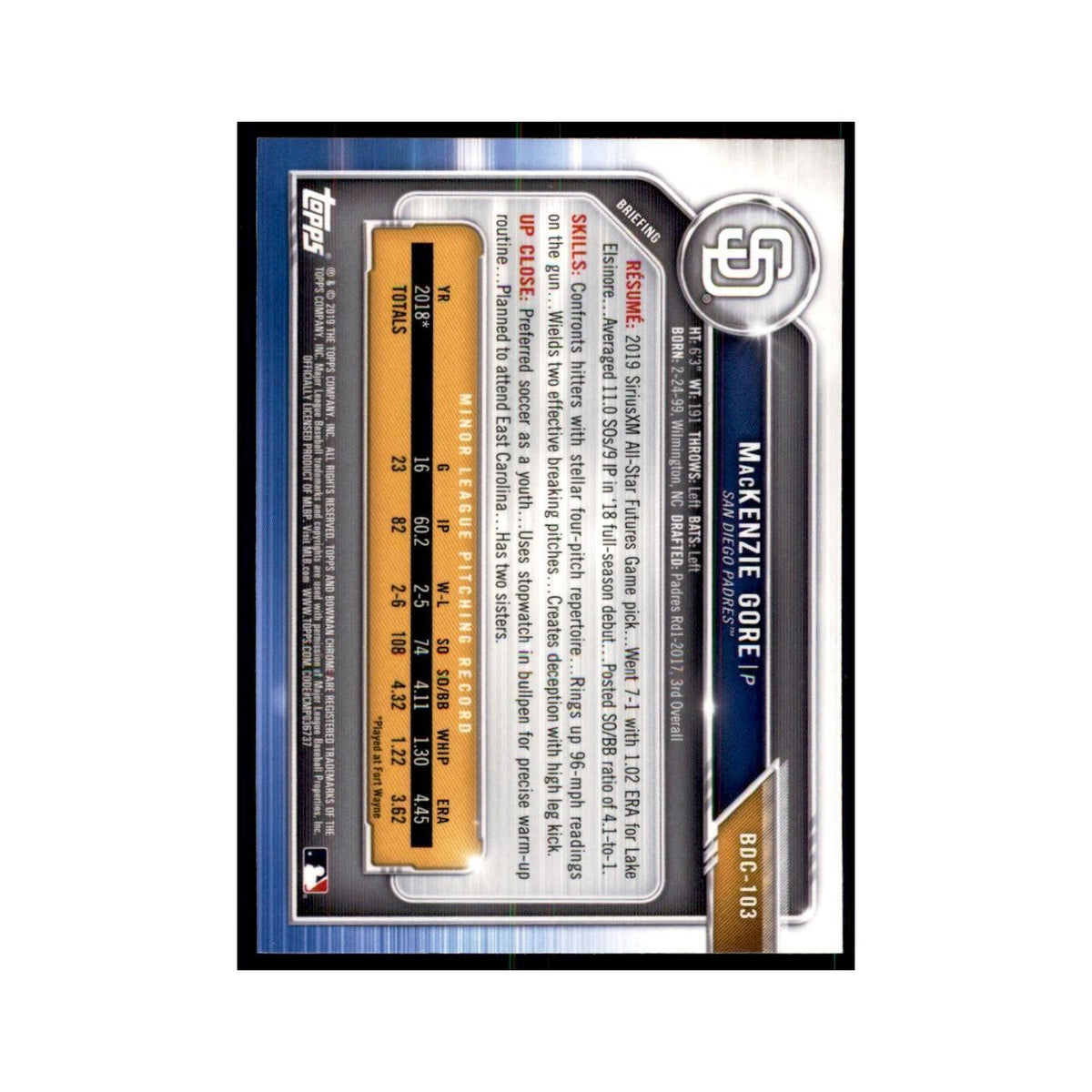 MacKenzie Gore 2019 Bowman Draft Chrome #BDC-103 San Diego Padres NM