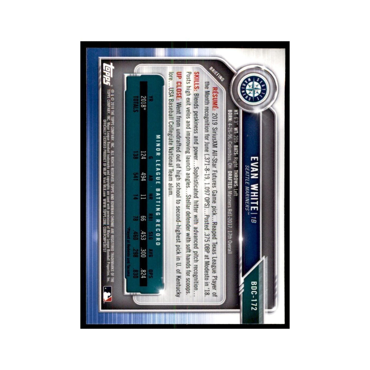 Evan White 2019 Bowman Draft Chrome #BDC-172 Seattle Mariners Baseball Card NM