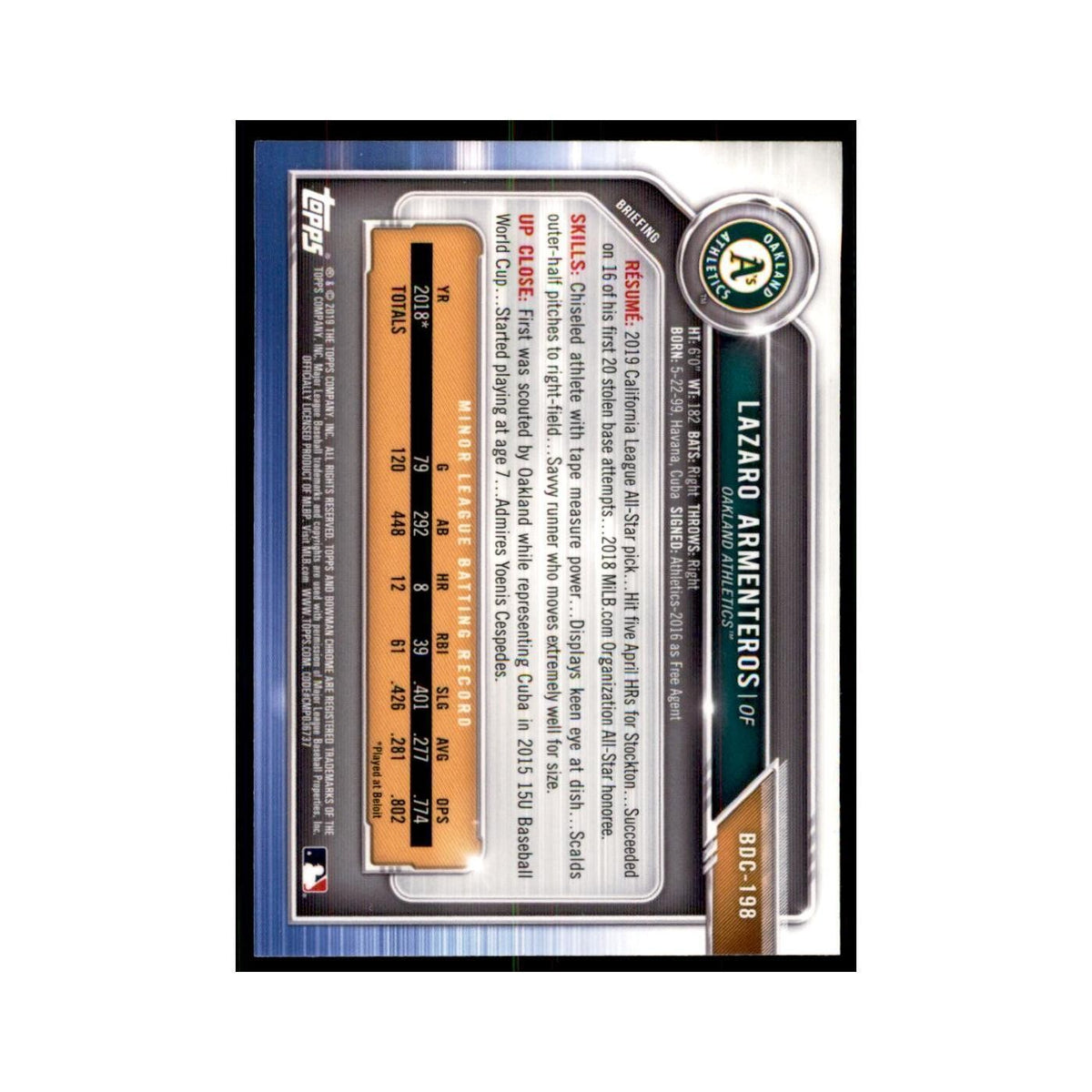 Lazaro Armenteros 2019 Bowman Draft Chrome #BDC-198 Oakland Athletics NM
