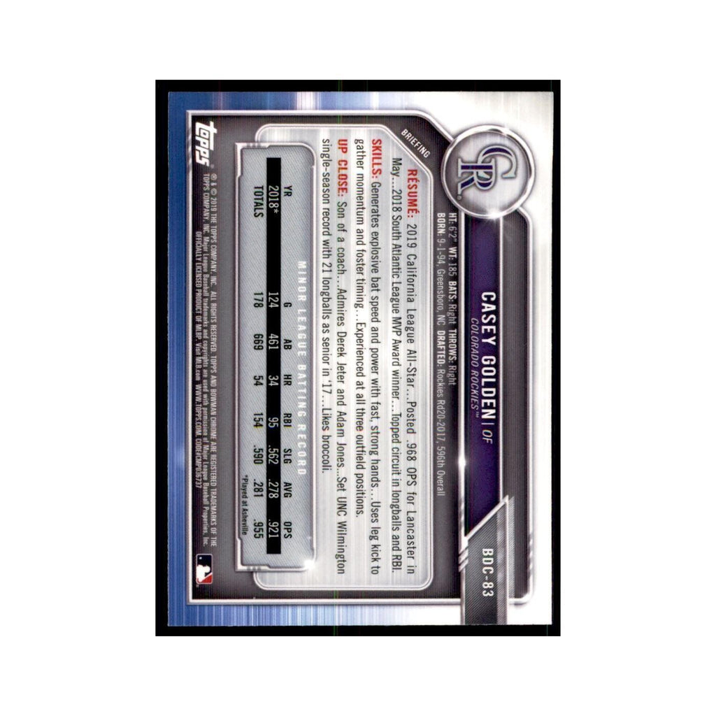 Casey Golden 2019 Bowman Draft Chrome #BDC-83 Colorado Rockies Baseball Card NM