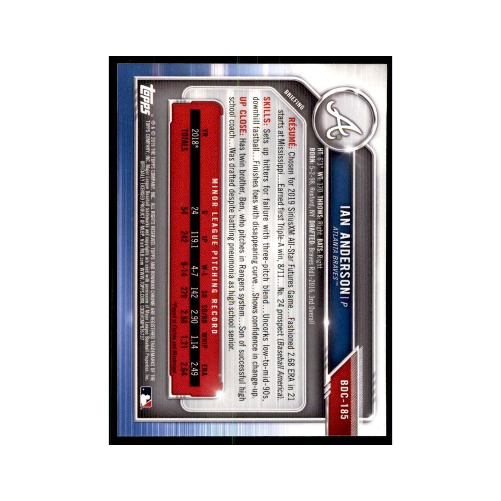 Ian Anderson 2019 Bowman Draft Chrome #BDC-185 Atlanta Braves Baseball Card NM