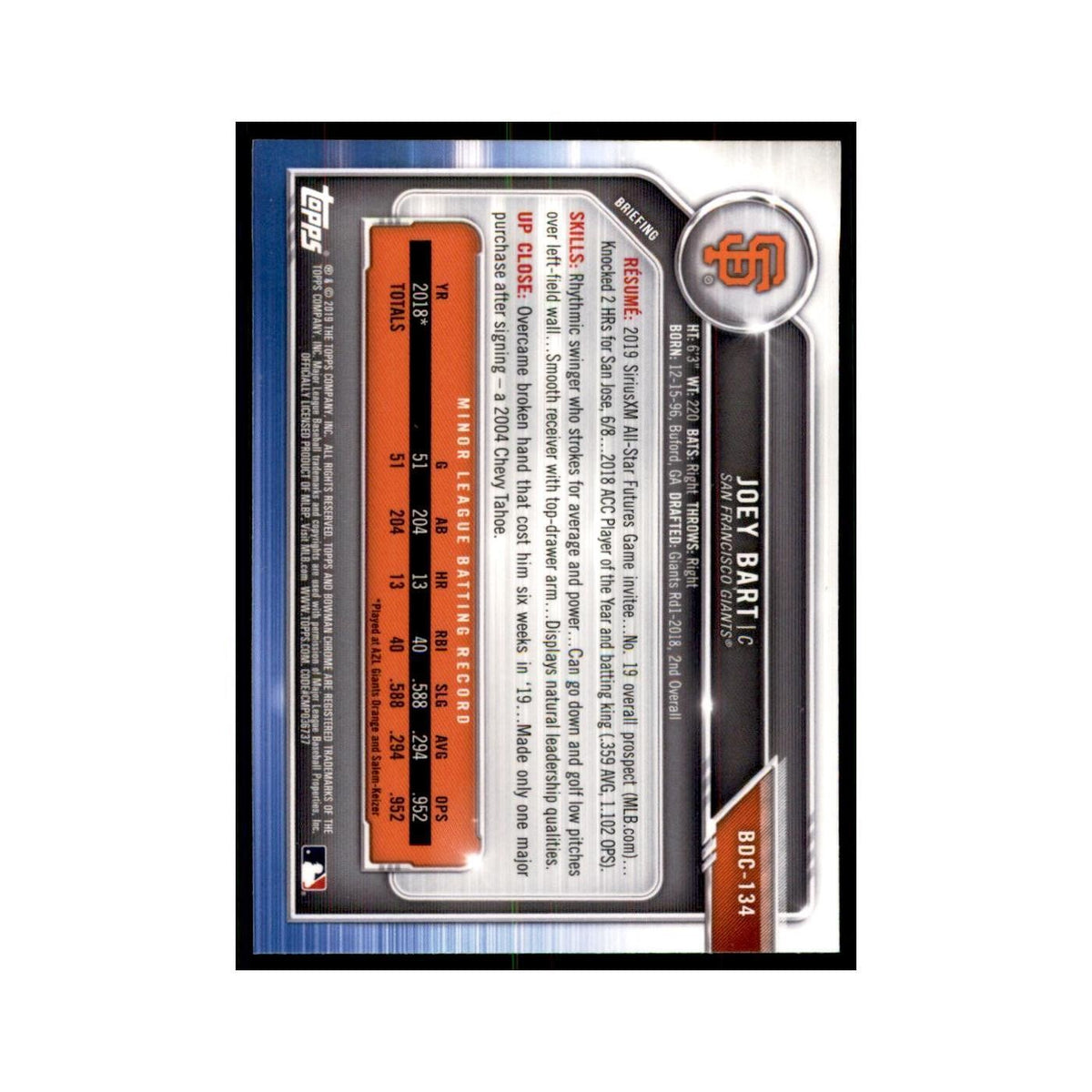 Joey Bart 2019 Bowman Draft Chrome #BDC-134 San Francisco Giants NM
