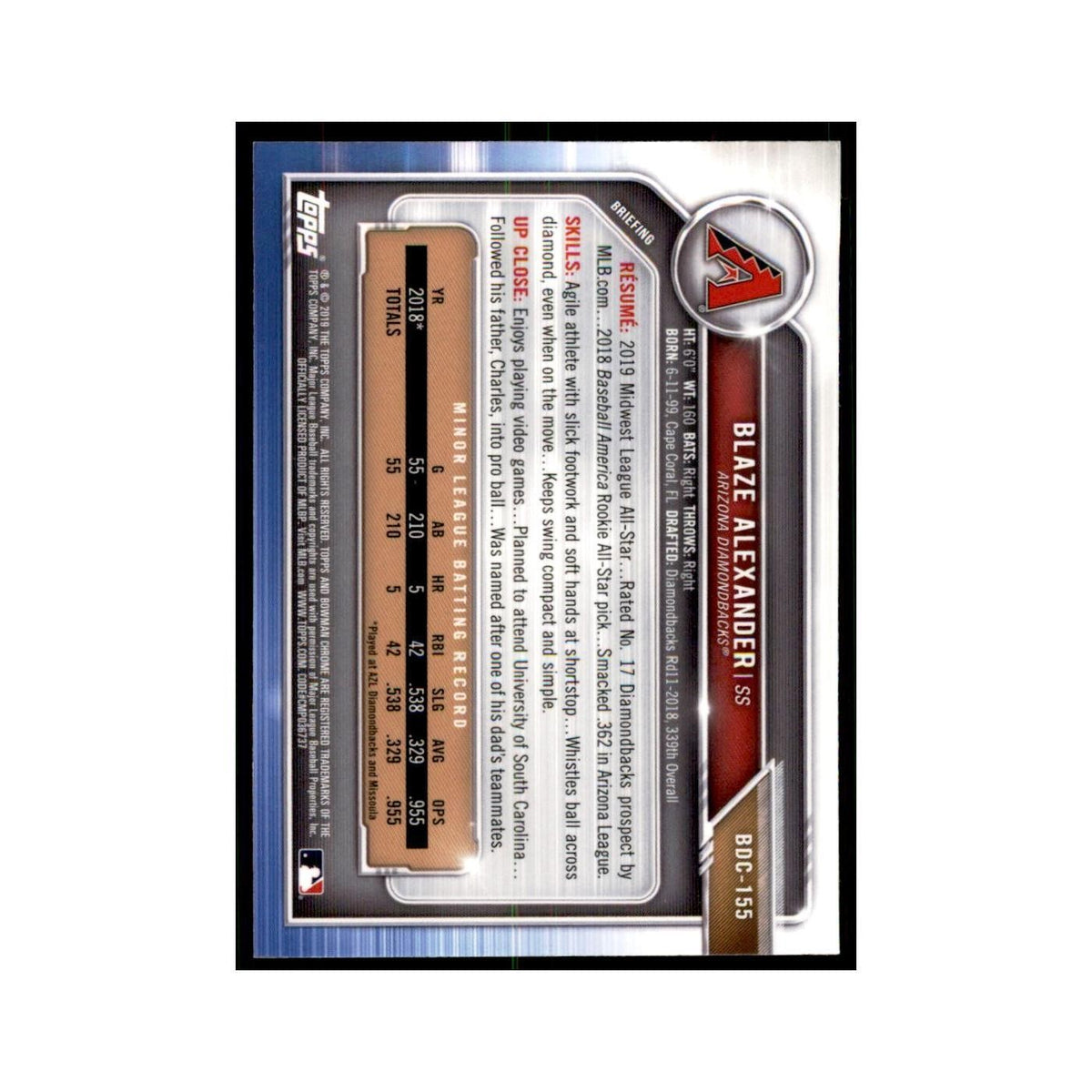 Blaze Alexander 2019 Bowman Draft Chrome #BDC-155 Arizona Diamondbacks NM