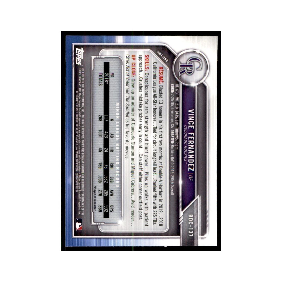 Vince Fernandez 2019 Bowman Draft Chrome #BDC-137 Colorado Rockies NM