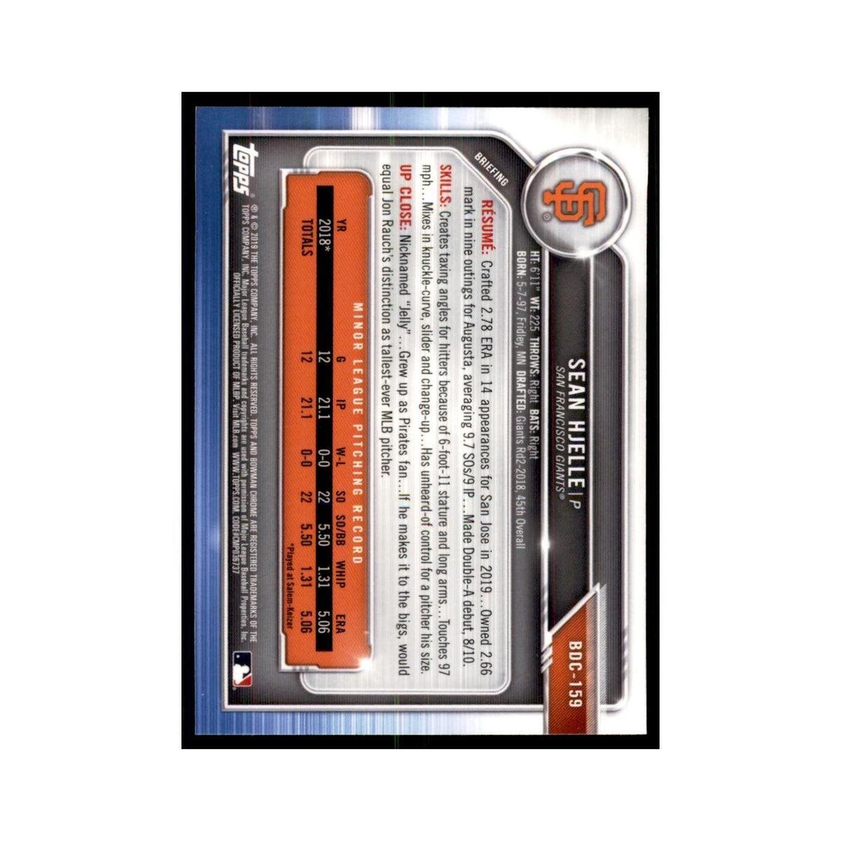 Sean Hjelle 2019 Bowman Draft Chrome #BDC-159 San Francisco Giants NM