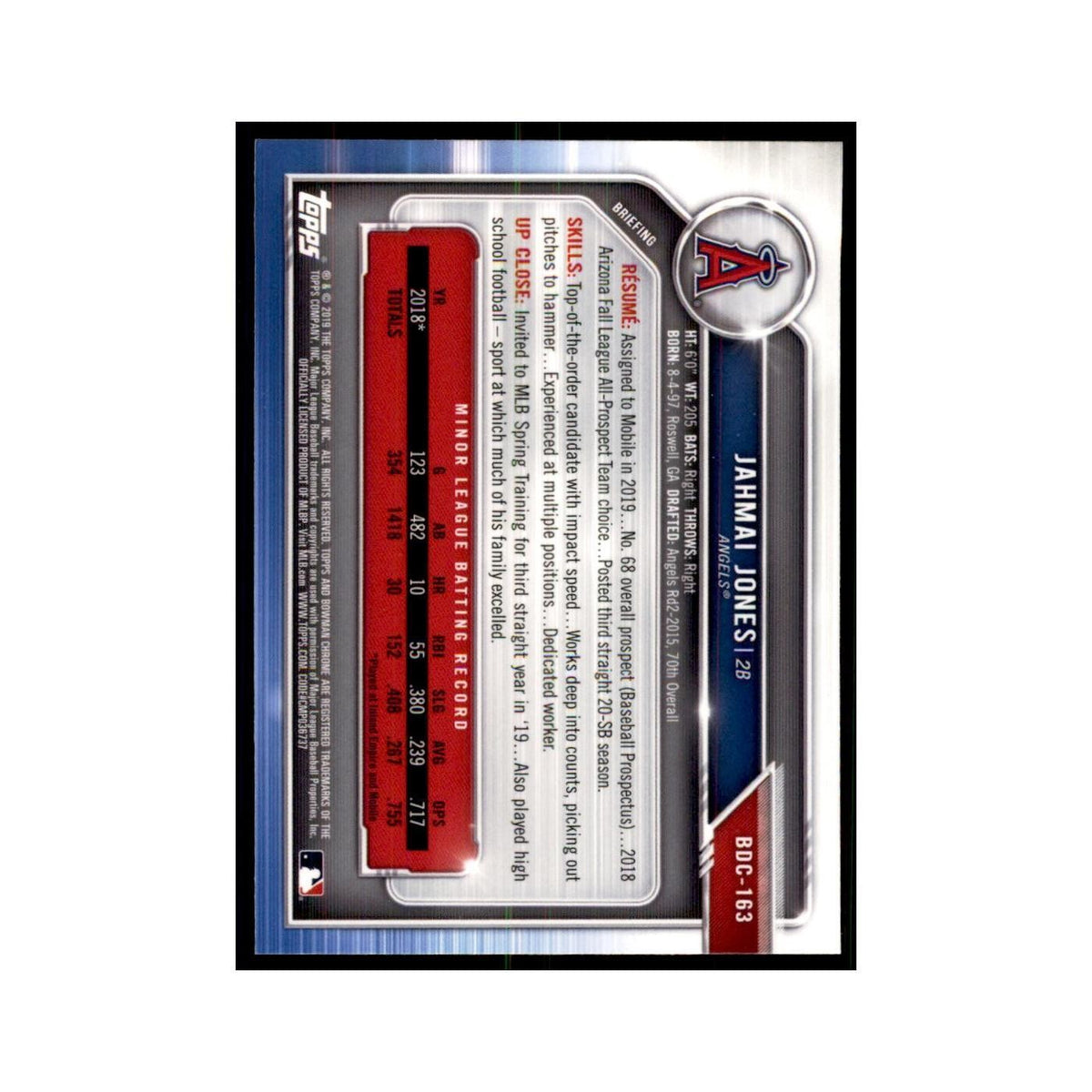 Jahmai Jones 2019 Bowman Draft Chrome #BDC-163 Los Angeles Angels NM