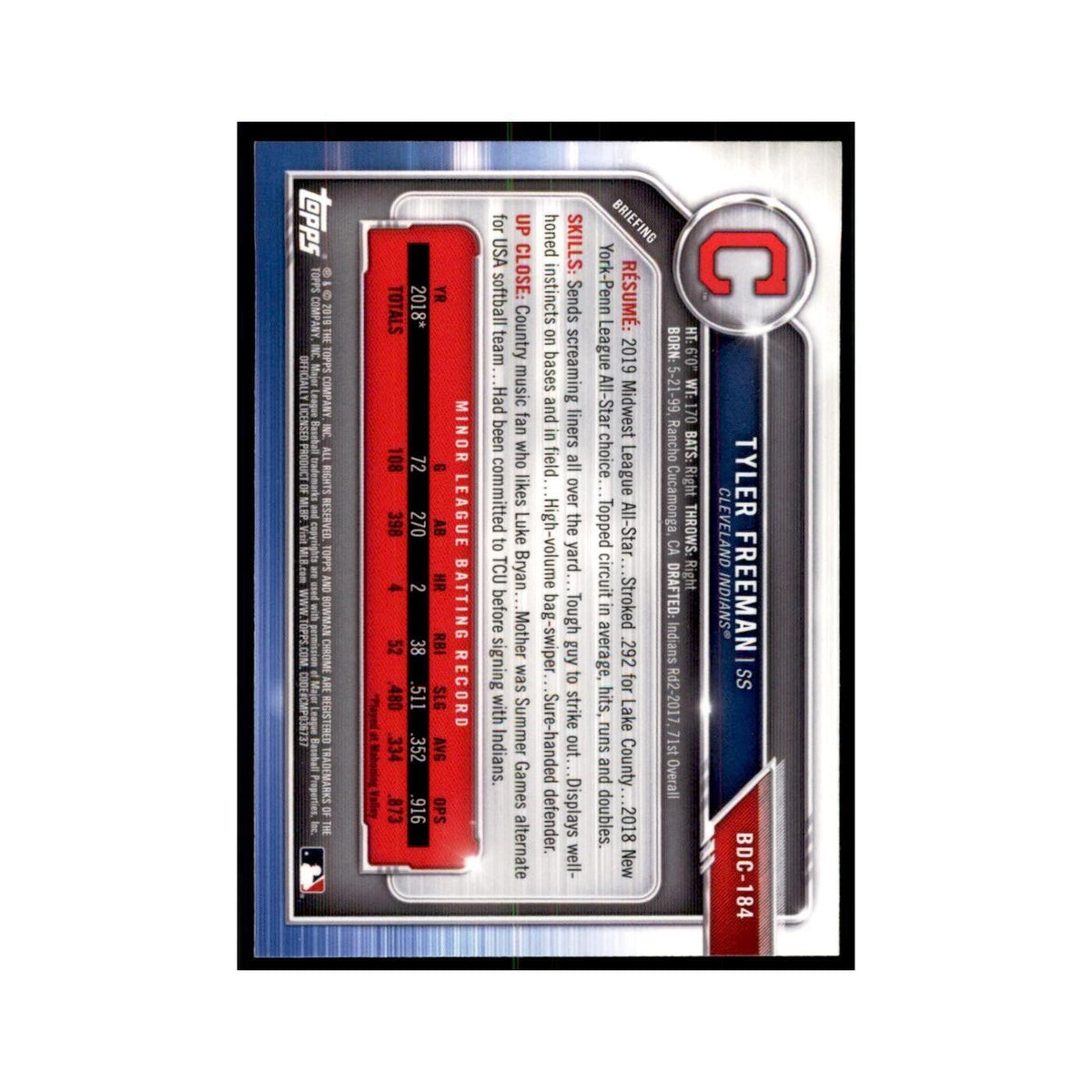 Tyler Freeman 2019 Bowman Draft Chrome #BDC-184 Cleveland Indians NM