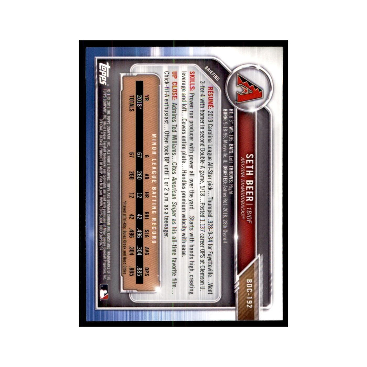 Seth Beer 2019 Bowman Draft Chrome #BDC-192 Arizona Diamondbacks NM