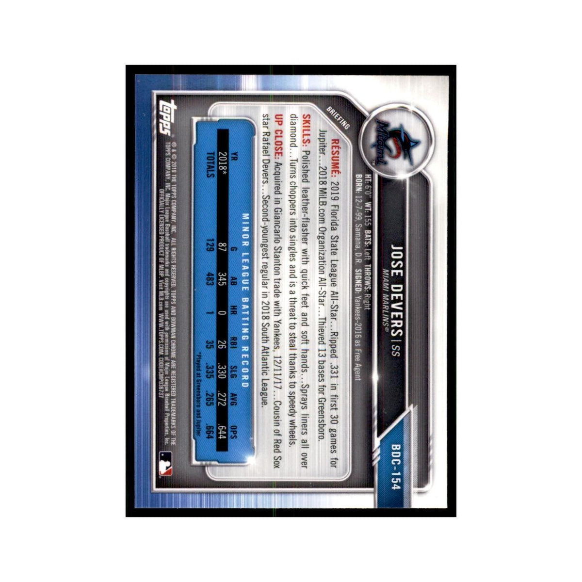 Jose Devers 2019 Bowman Draft Chrome #BDC-154 Miami Marlins Baseball Card NM