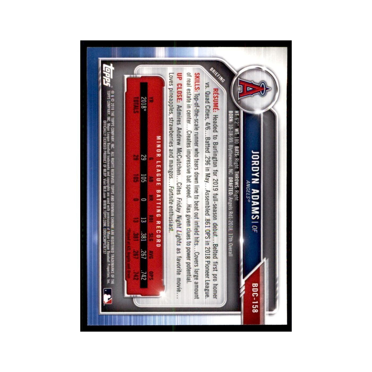 Jordyn Adams 2019 Bowman Draft Chrome #BDC-158 Los Angeles Angels NM