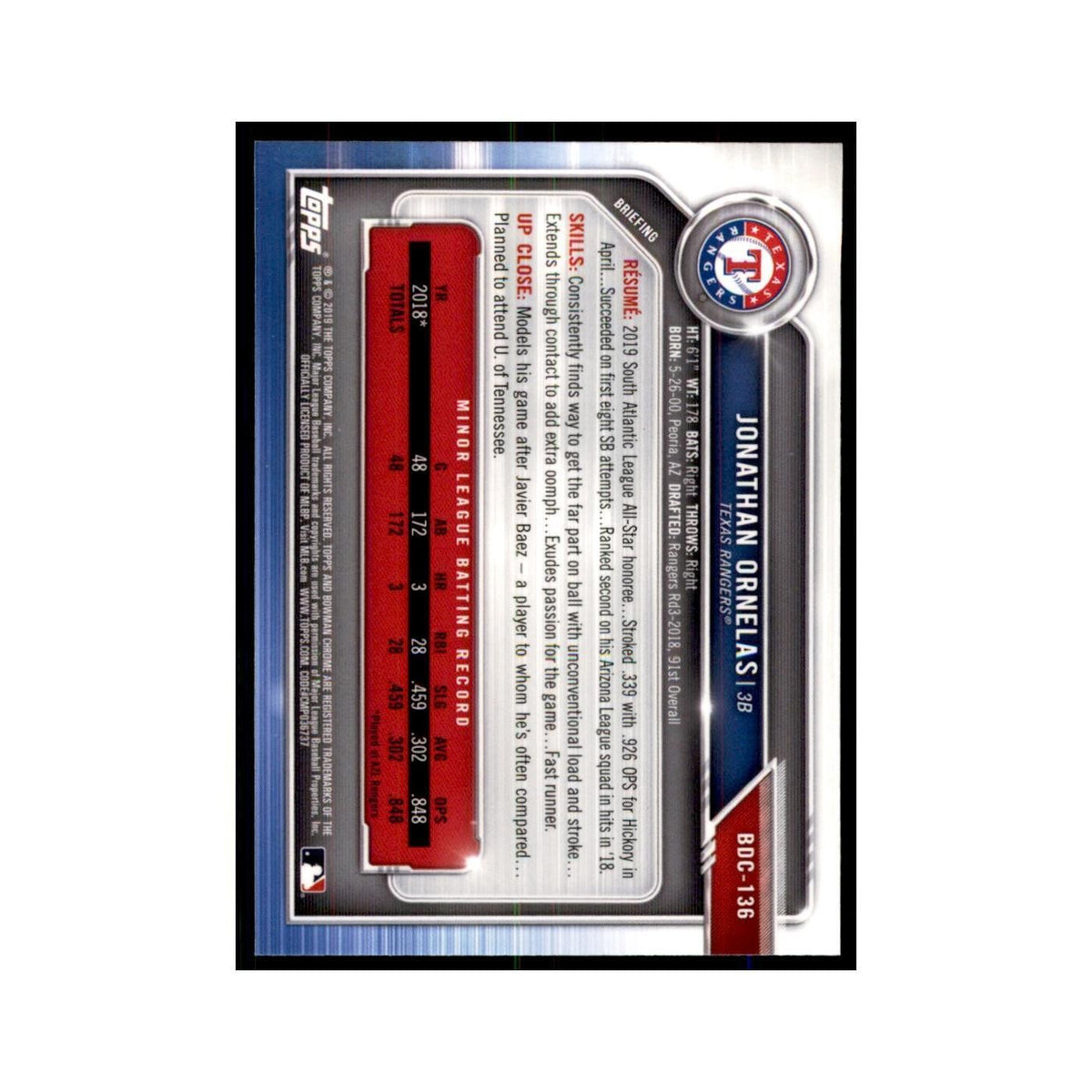 Jonathan Ornelas 2019 Bowman Draft Chrome #BDC-136 Texas Rangers NM