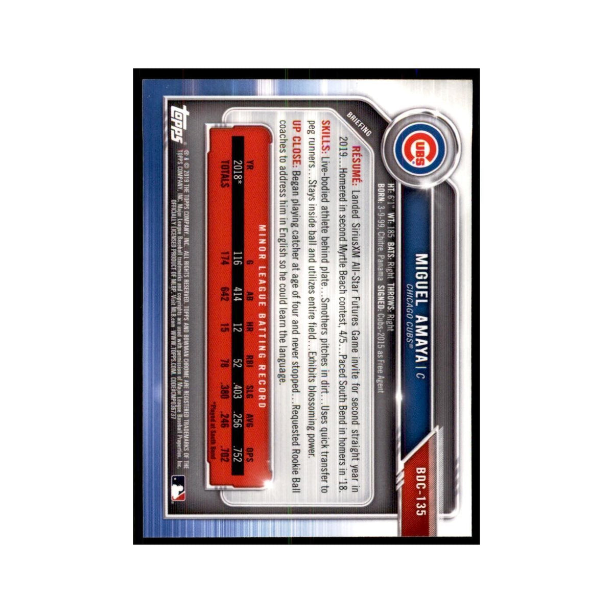 Miguel Amaya 2019 Bowman Draft Chrome #BDC-135 Chicago Cubs Baseball Card NM