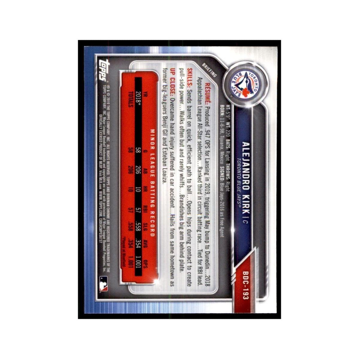 Alejandro Kirk 2019 Bowman Draft Chrome #BDC-193 Toronto Blue Jays NM