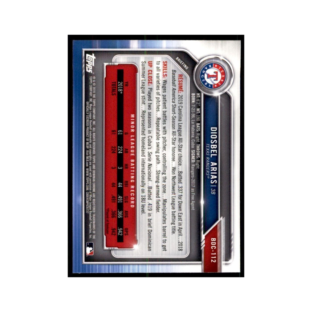 Diosbel Arias 2019 Bowman Draft Chrome #BDC-112 Texas Rangers Baseball Card NM