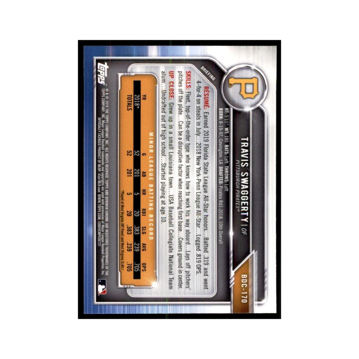 Travis Swaggerty 2019 Bowman Draft Chrome #BDC-170 Pittsburgh Pirates NM
