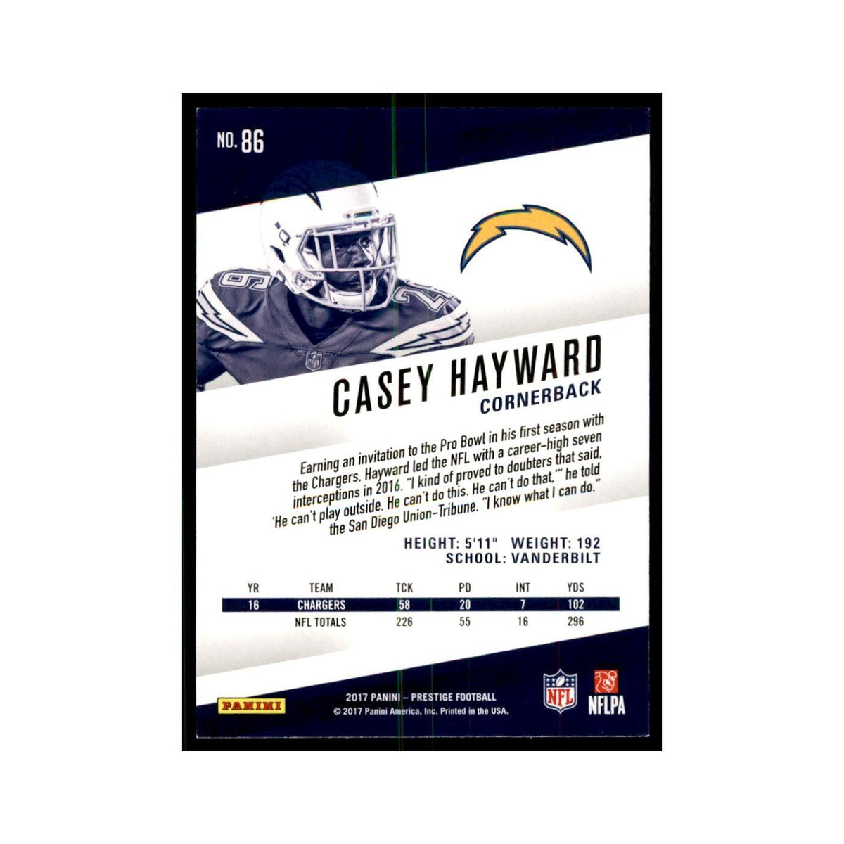 Casey Hayward 2017 Panini Prestige #86 Los Angeles Chargers Football Card NM