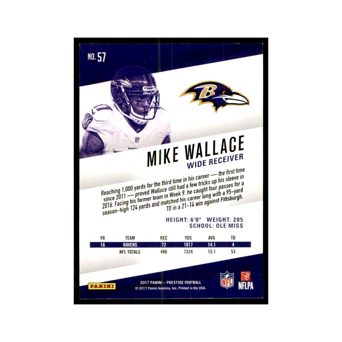 Mike Wallace 2017 Panini Prestige #57 Baltimore Ravens Football Card NM